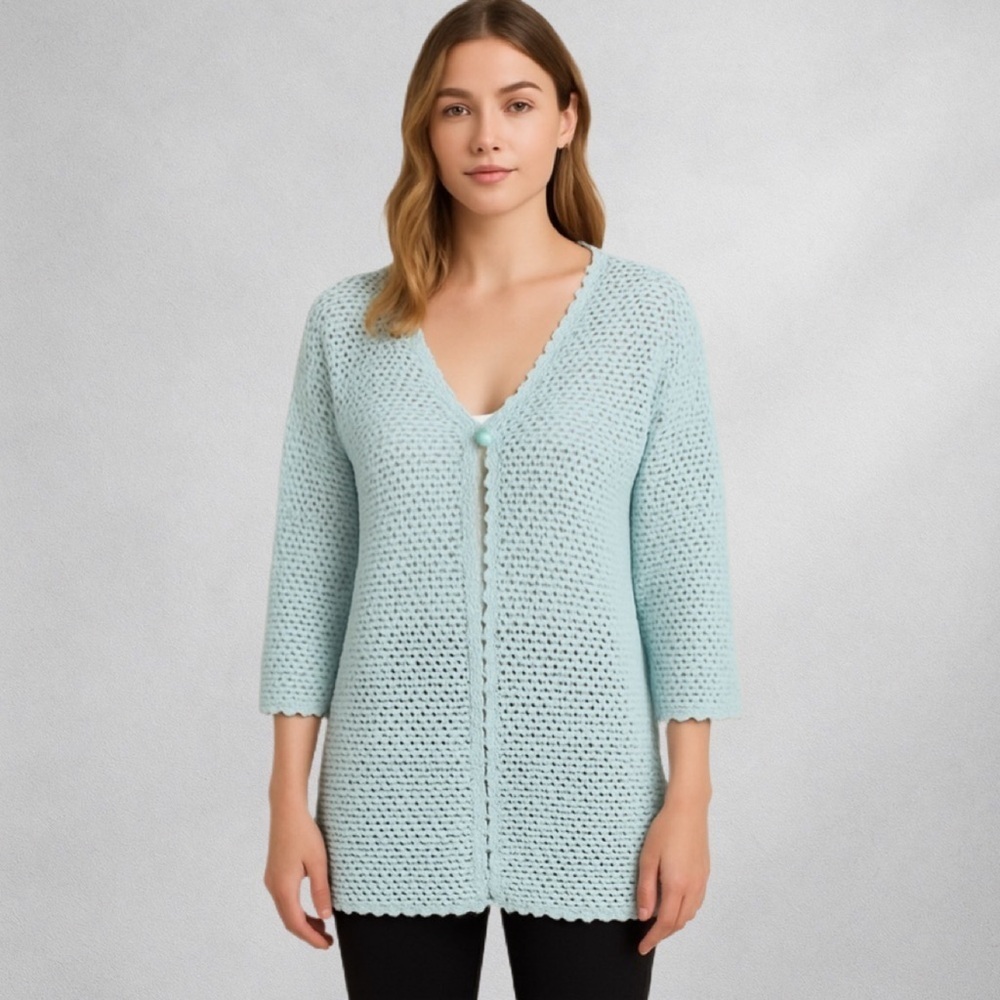 Artesanías Pachamama Handmade Crochet Cardigan M Open Knit 100% Pima Cotton Peru